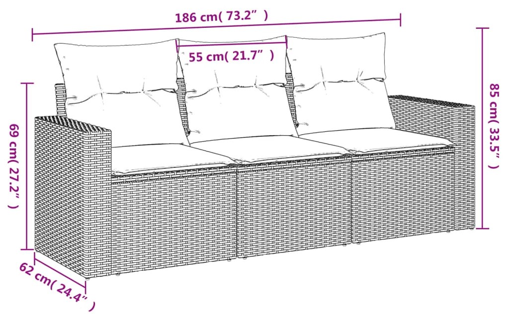 Set divani da giardino 3 pz con cuscini in polyrattan nero