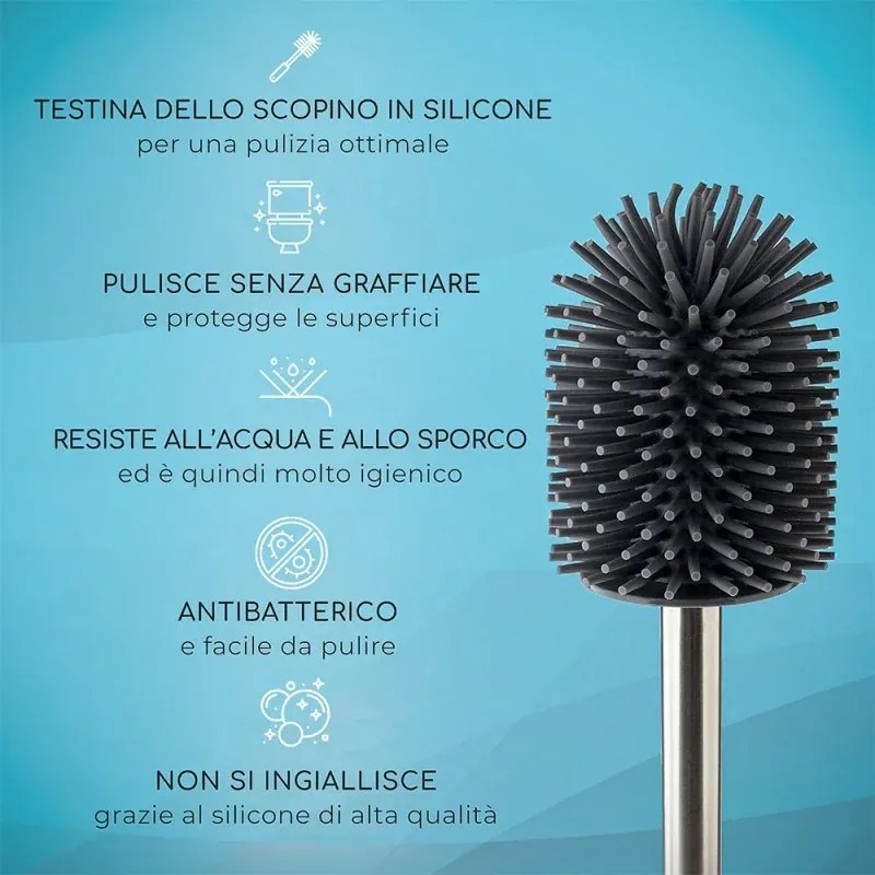 Scopino di ricambio per wc con setole in silicone e manico acciaio cromo