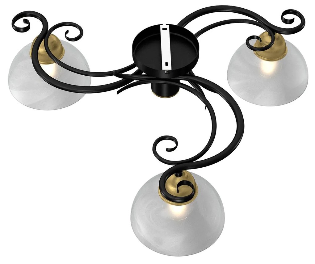 Luminex Plafoniere Flora, 3 paralumi in vetro, nero/ottone