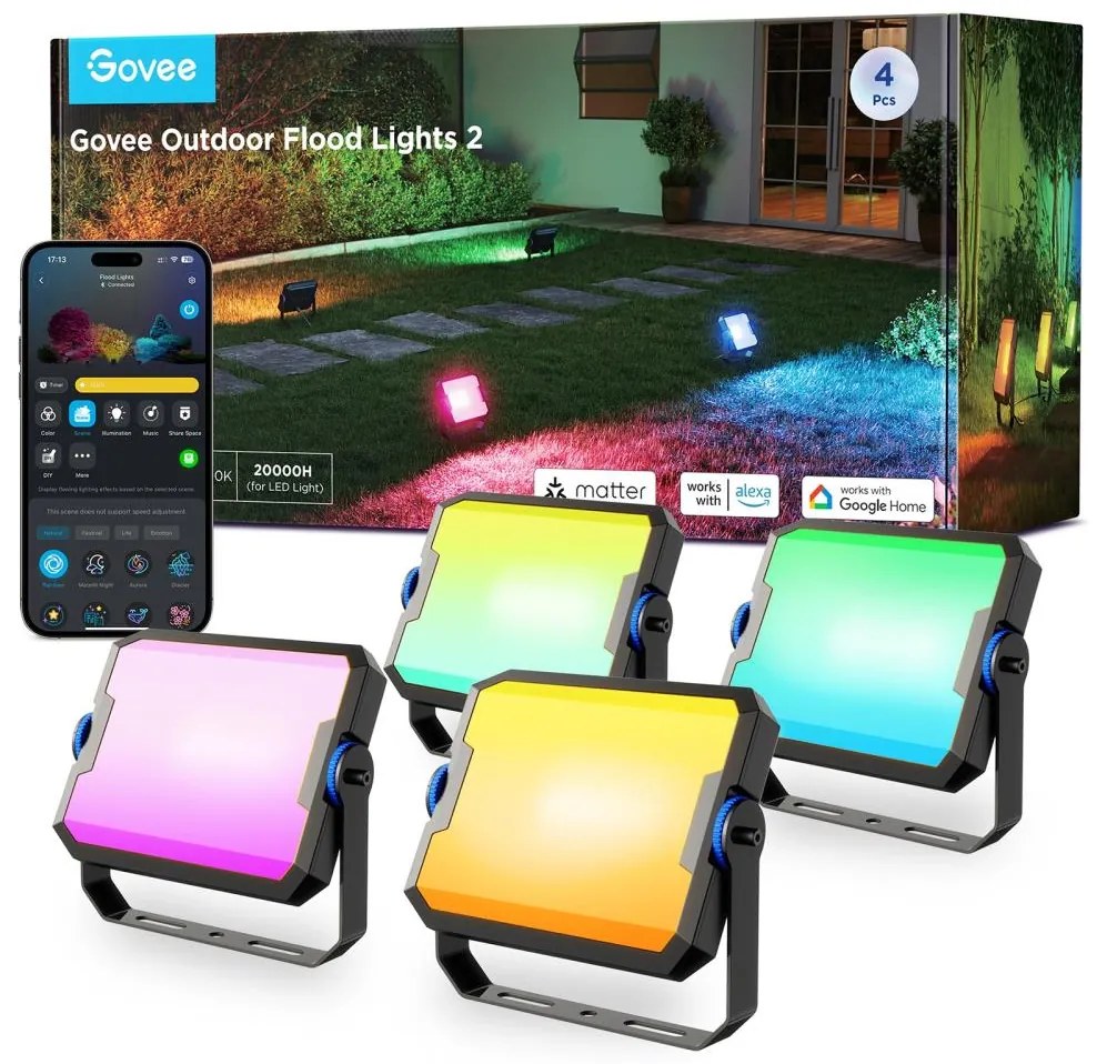 Govee - Set da 4 proiettori LED RGBICWW dimmerabili, 24W, 230V, IP66, compatibili con Matter e Wi‑Fi