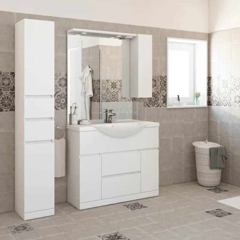 Mobile bagno da terra con lavabo L 100 x H 190 x P 33.5 cm bianco lucido, 2 ante 1 cassetto per vasca centrale Elise