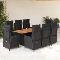 Set da Pranzo da Giardino 9 pz con Cuscini Nero in Polyrattan 3213369