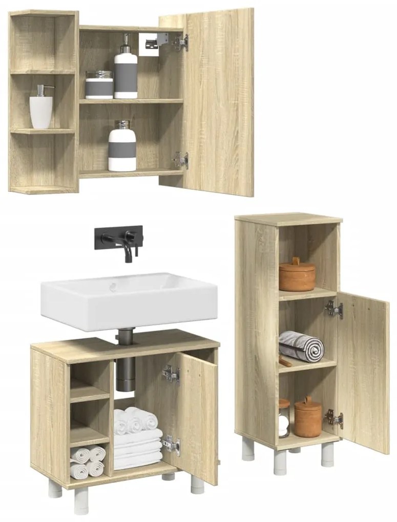 Set mobili da bagno 3 pz rovere sonoma in legno multistrato