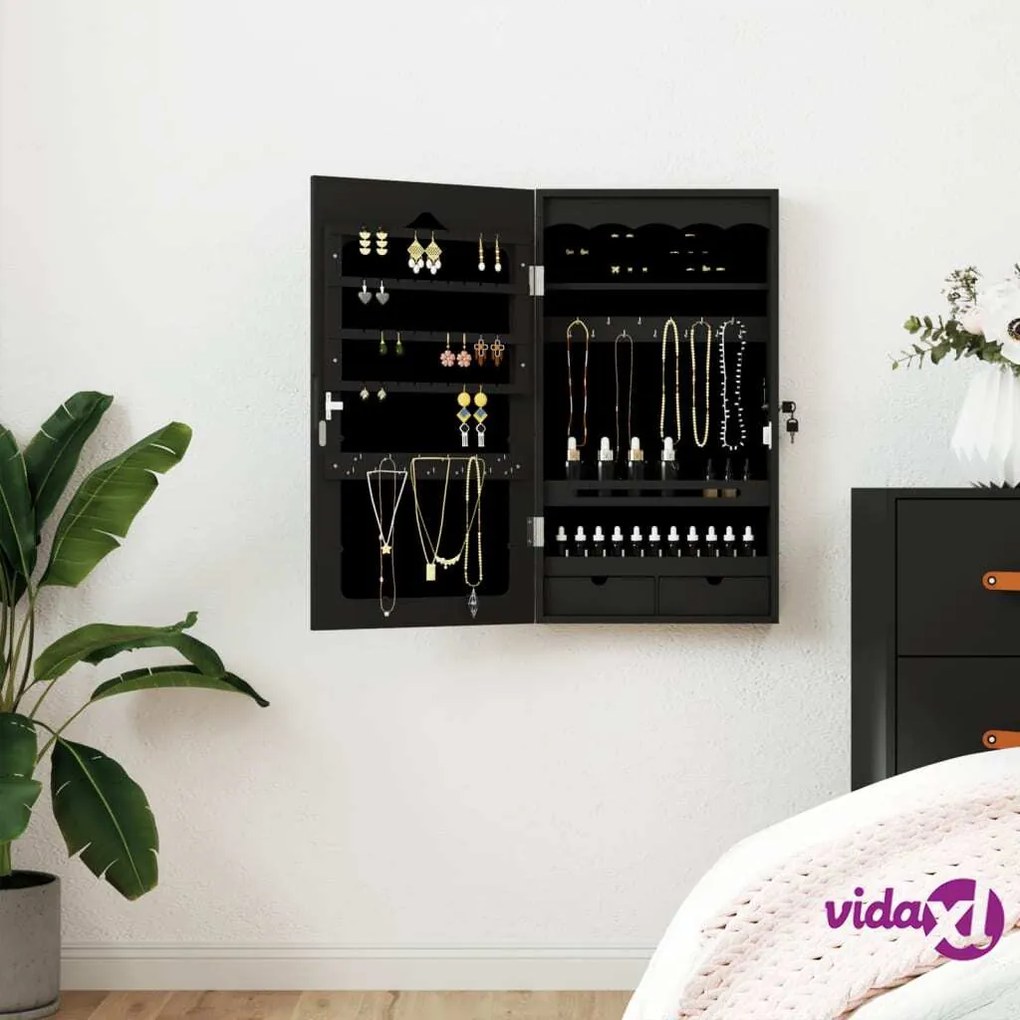vidaXL Armadio Portagioie con Specchio a Muro Nero 37,5x10x67 cm