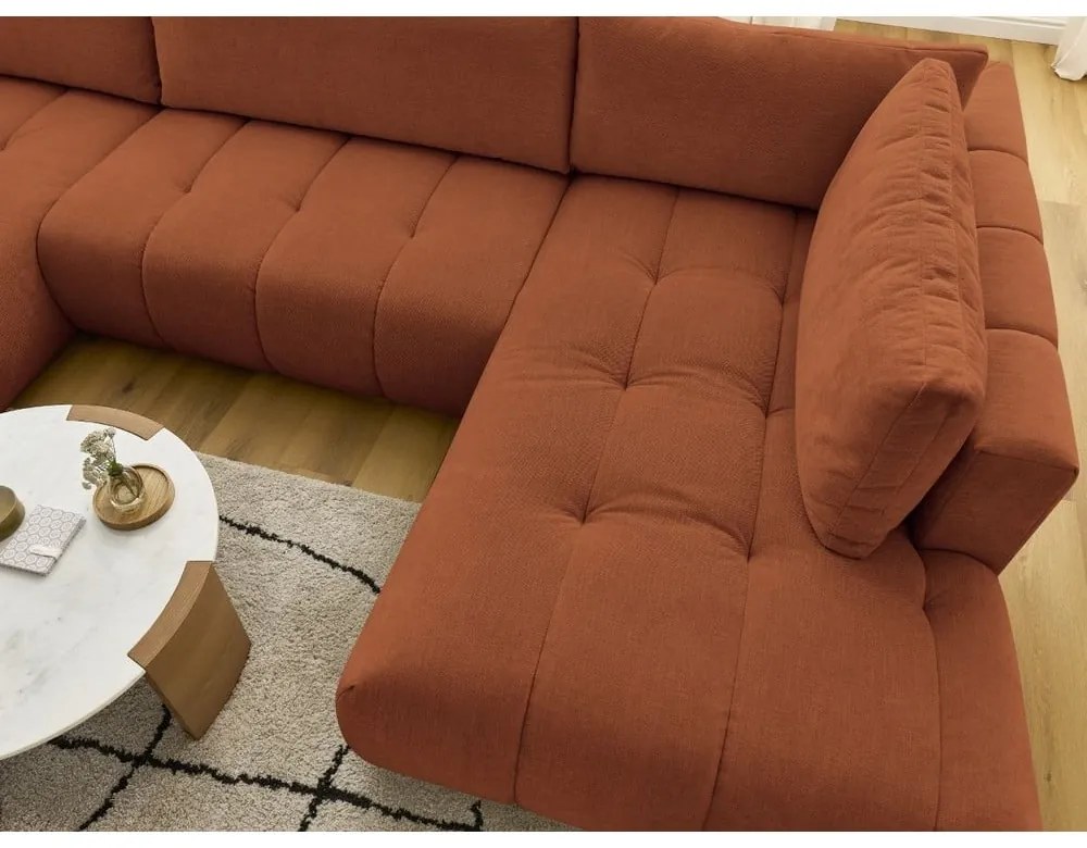 Divano angolare color mattone allungabile e con contenitore (penisola a destra/a U) Fuji – Bobochic Paris