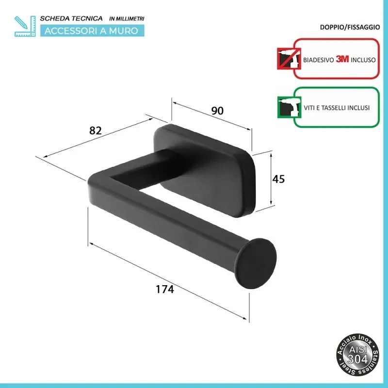Set 4pz con appendino, porta rotolo e 2 porta salviette a muro in acciaio nero Cubik