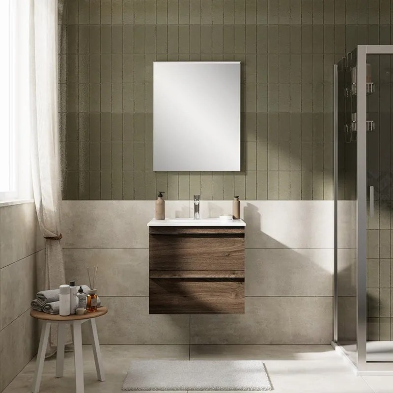 Mobile Linea L60 H55 P45 in laminato rovere cotto 2 cassetti a chiusura ammortizzata e lavabo in ceramica vasca centrale