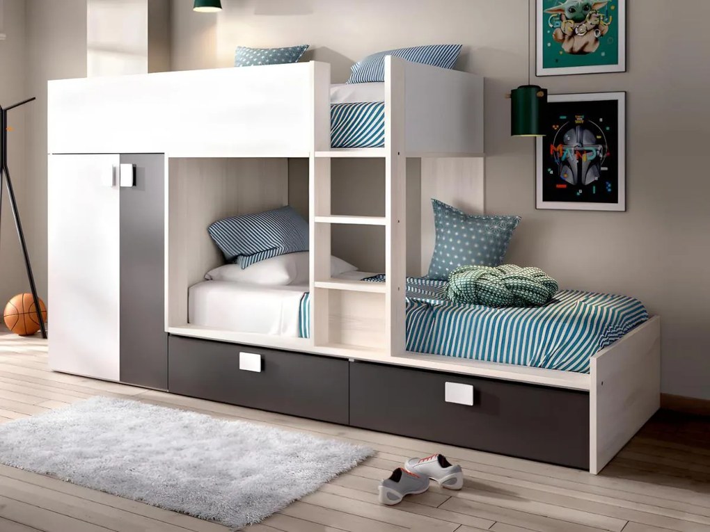 Letto a castello 2 x 90 x 190 cm - Armadio integrato - Bianco, Naturale e Antracite - JUANITO