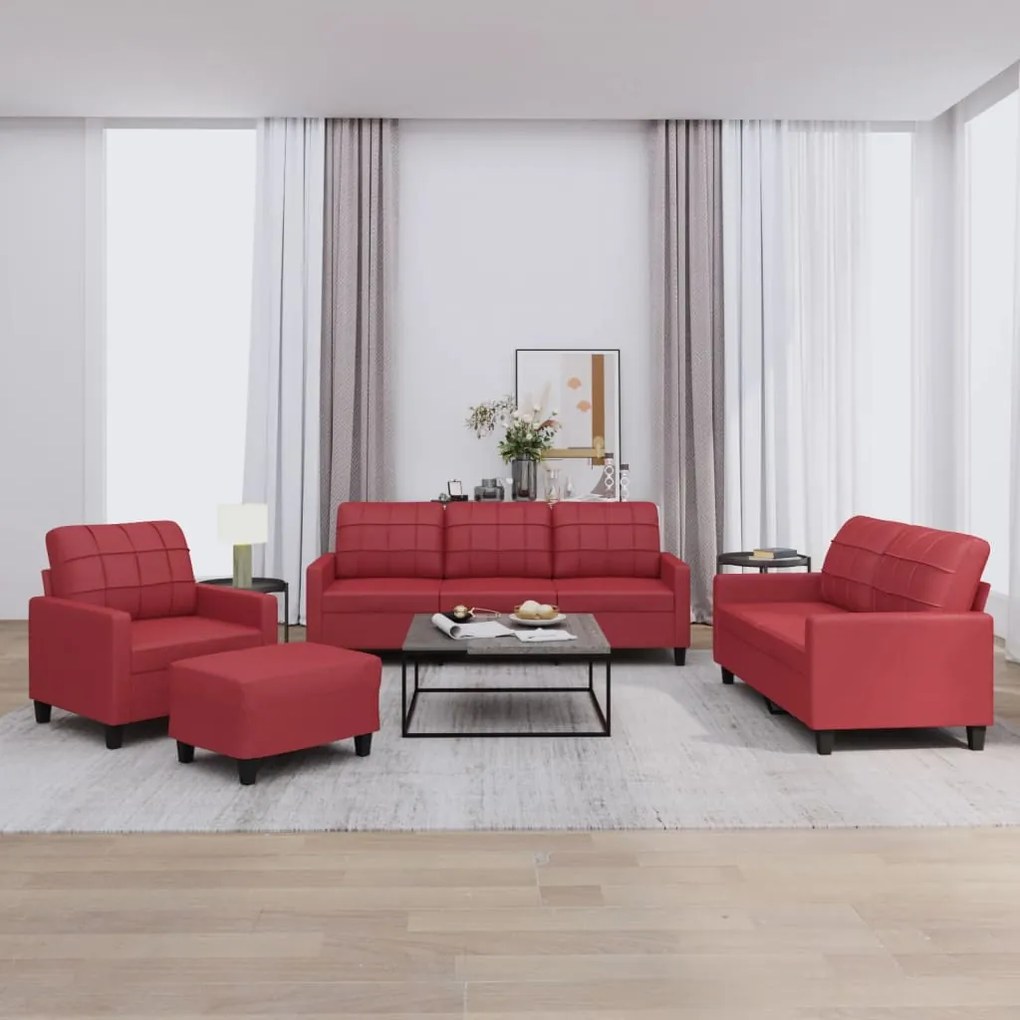 Set Di Divani 4 Pz Con Cuscini Rosso Vino İn Similpelle /