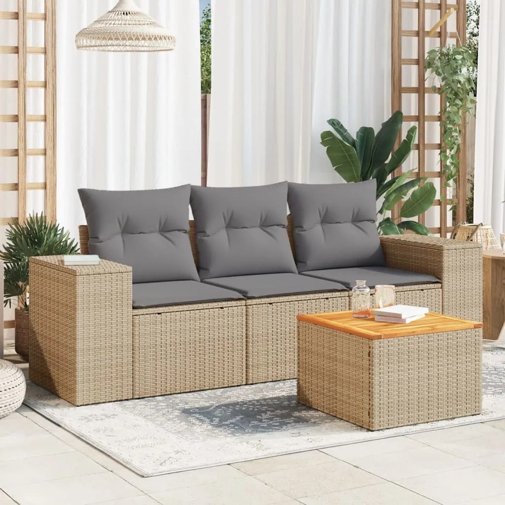 Set Divano da Giardino 4 pz con Cuscini Beige in Polyrattan