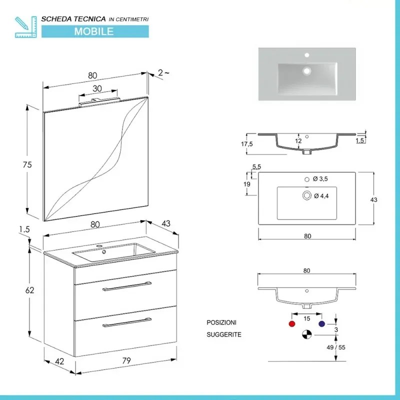 Mobile bagno sospeso 80 cm Smart grigio legno/lava con specchio