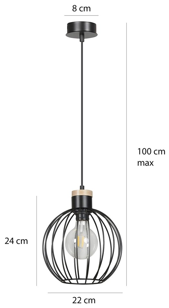 Sospensione 1 Luce Morgana Paralume A Gabbia In Acciaio Nero E Legno Naturale