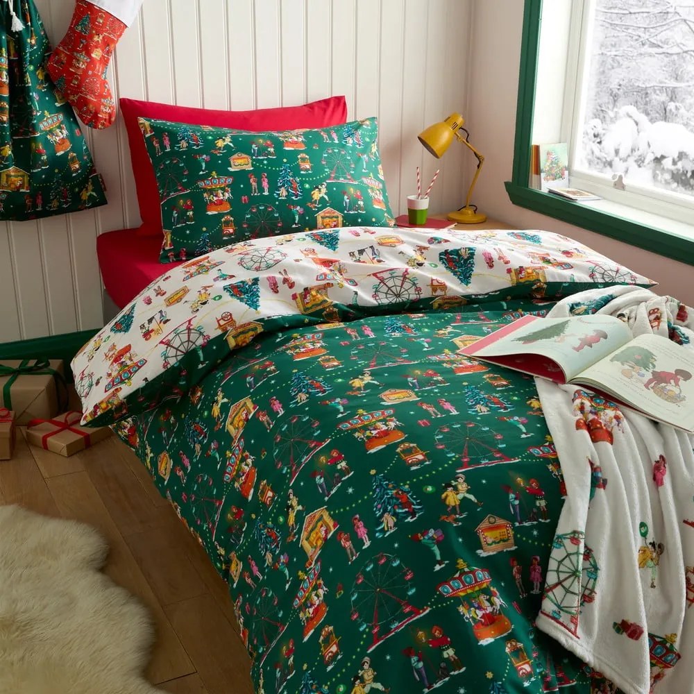 Set copripiumino e federa da bambini verde in cotone per letto matrimoniale 200x200 cm Christmas Fairground – Belle &amp; Boo