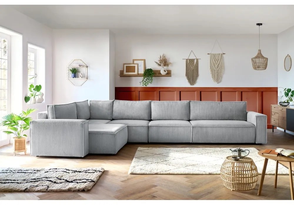 Divano angolare in velluto a coste grigio chiaro, angolo sinistro Nihad modular - Bobochic Paris