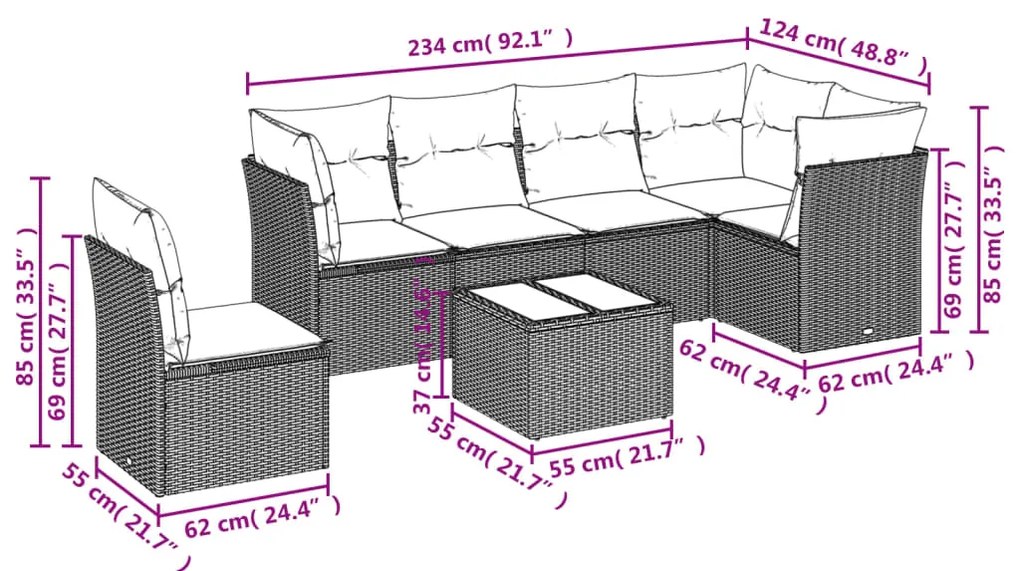 Set Divani da Giardino 7 pz con Cuscini Grigio in Polyrattan