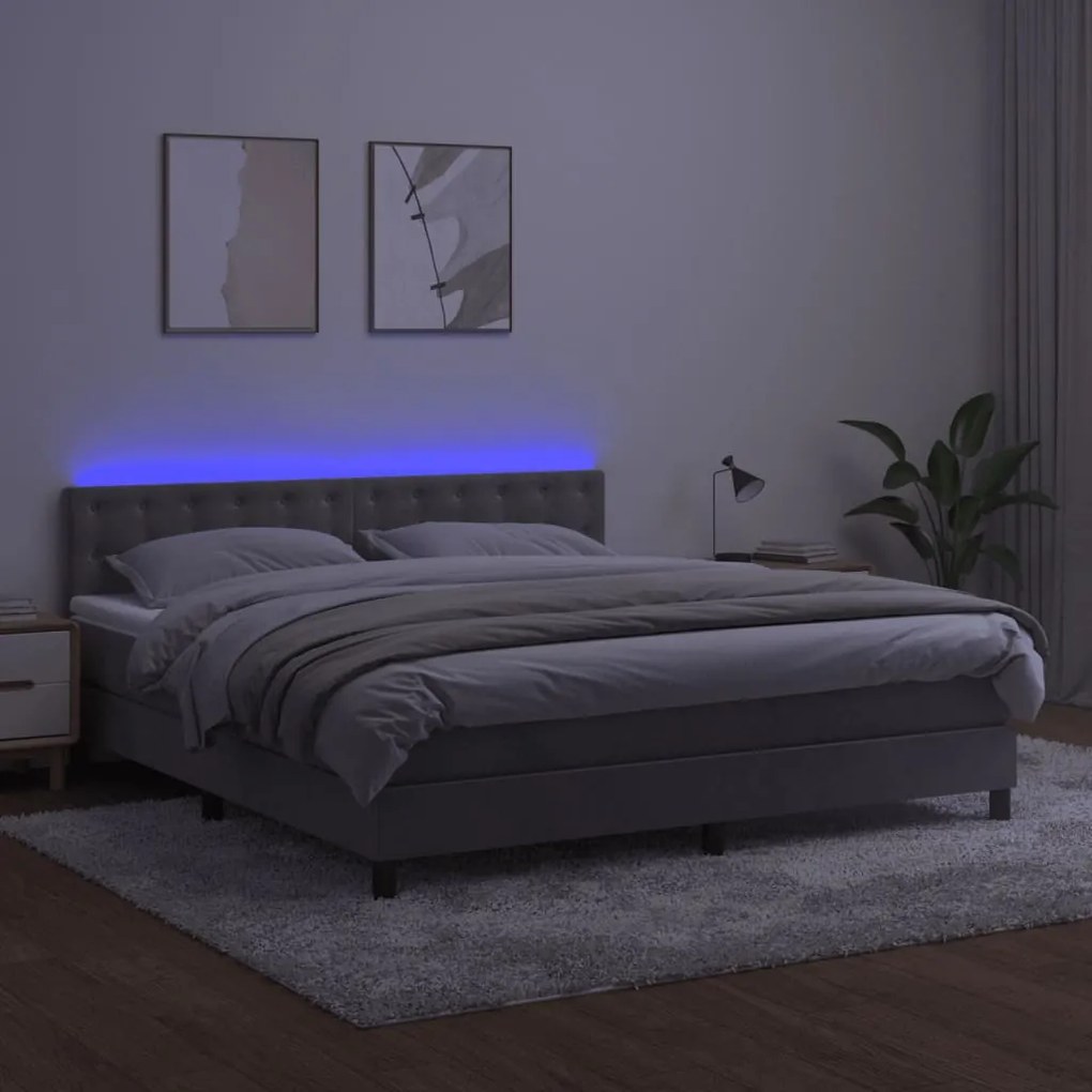 Letto a molle materasso e led grigio chiaro 180x200 cm velluto