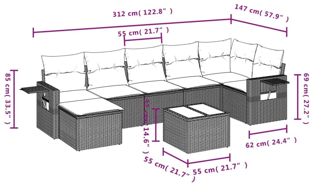 Set divani da giardino con cuscini 8 pz nero in polyrattan