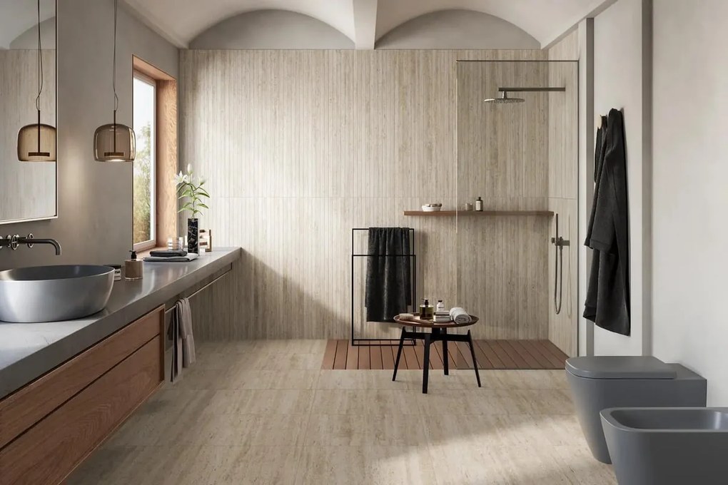 Piastrella da rivestimento interno ed esterno 20 x 120 cm Sp. 9 mm rettificato Pompei in gres naturale smaltato bianco opaco traffico molto intenso (pei 5/5) R10 0.96 mq