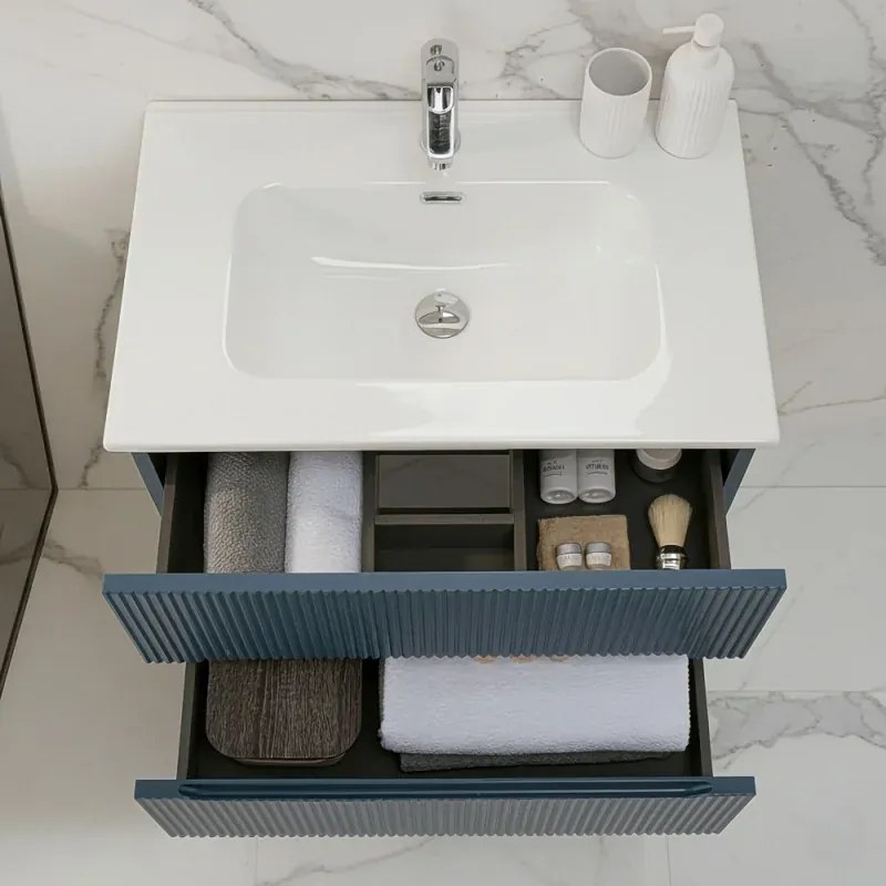 Mobile bagno sospeso 80 cm blu petrolio cannettato con specchio Bali