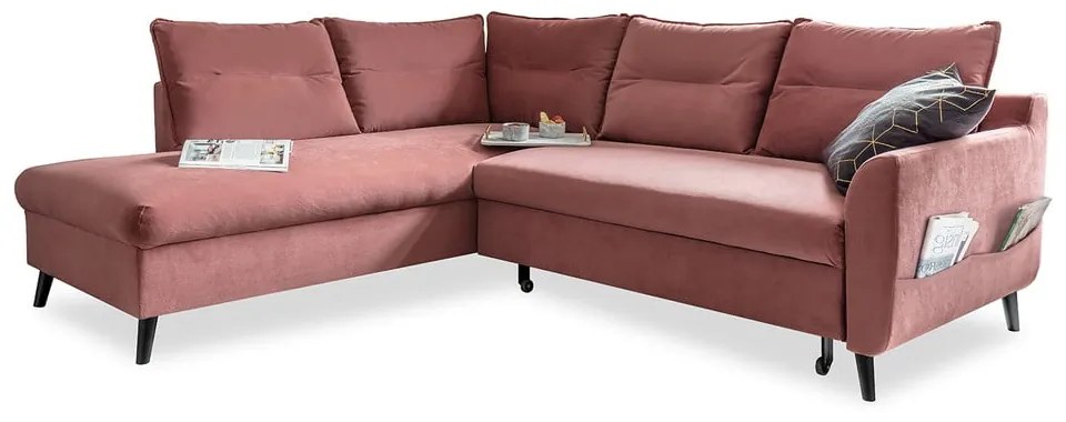 Divano letto angolare in velluto rosa L, angolo sinistro Stylish Stan - Miuform