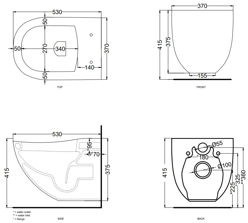 Cielo Fluid Wc Sospeso Senza Sedile Completo Di Fissaggi In Ceramica Nero Lucido