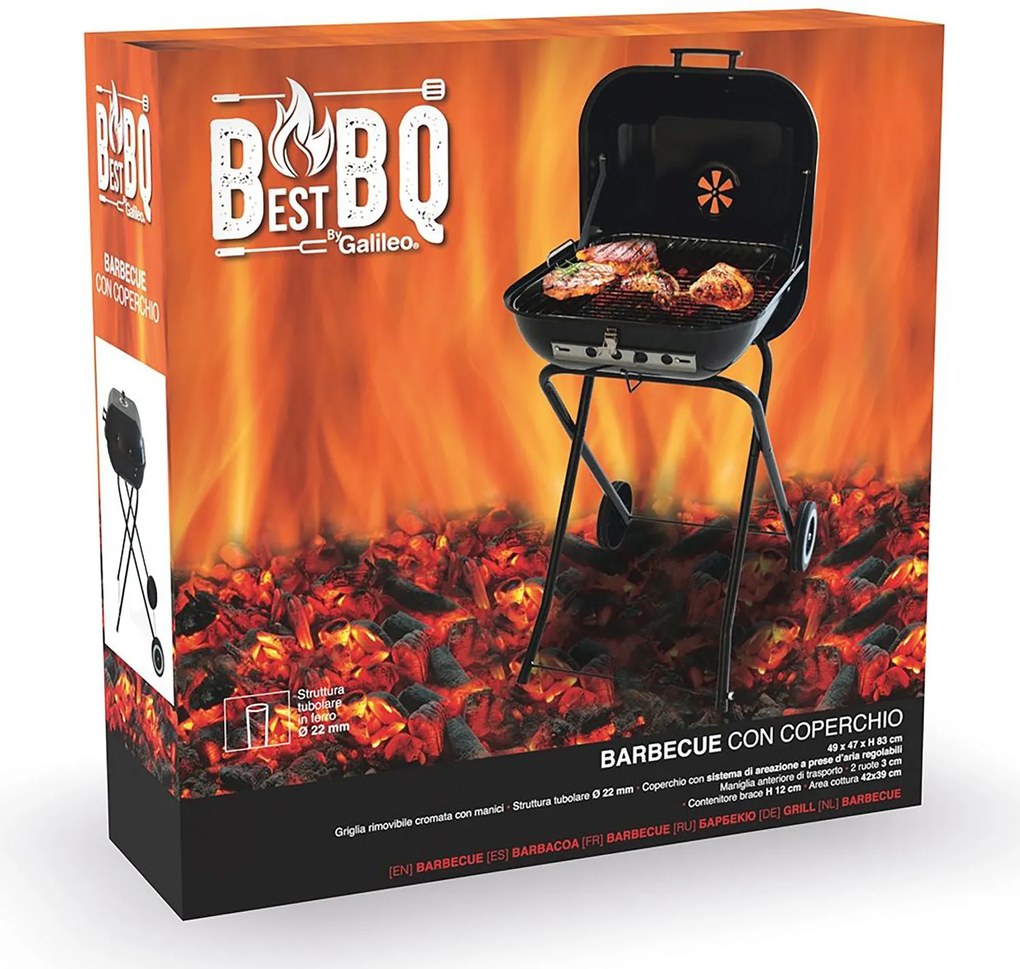 Barbecue a Carbone Carbonella 49x47x83 cm con Coperchio e Ruote in Acciaio Nero...