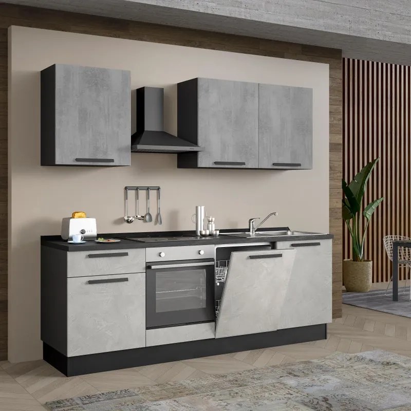 Cucina montata Dora bianco e grigio chiaro, lavello a destra, L.240 cm, completa di: cappa a camino, piano cottura a induzione, forno e lavastoviglie