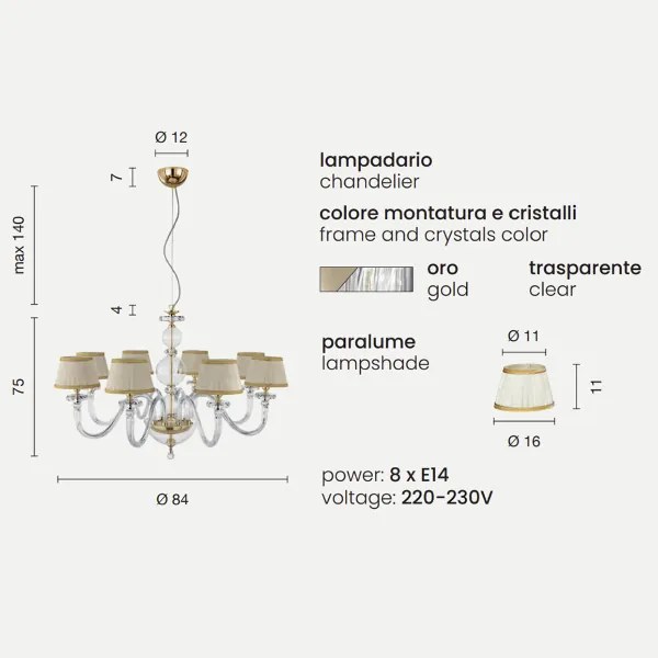 Lampada a sospensione BACH con paralume in vetro trasparente 8 LUCI D84 cm ORO