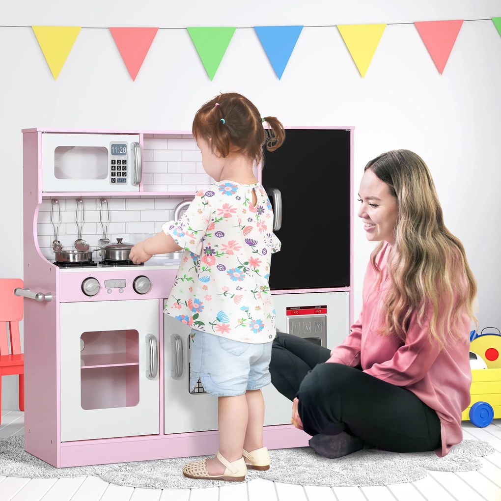 Cucina Giocattolo per Bambini 3-8 Anni con Fornelli Microonde Lavandino in Legno Rosa...