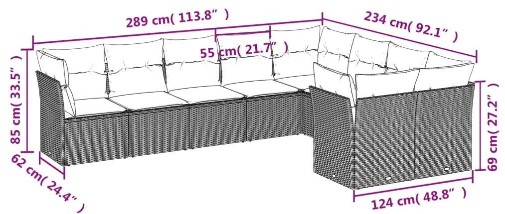 Set divani da giardino 9 pz con cuscini nero in polyrattan