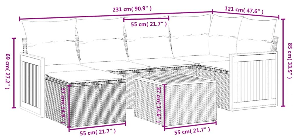 Set divani da giardino con cuscini 7pz nero polyrattan