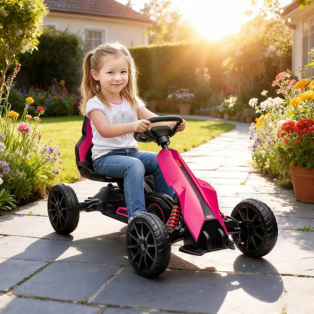 Go Kart a Pedali per Bambini 3-8 Anni 100x58x58,5 cm con Sedile Regolabile e Ruote in EVA Rosa e Nero...