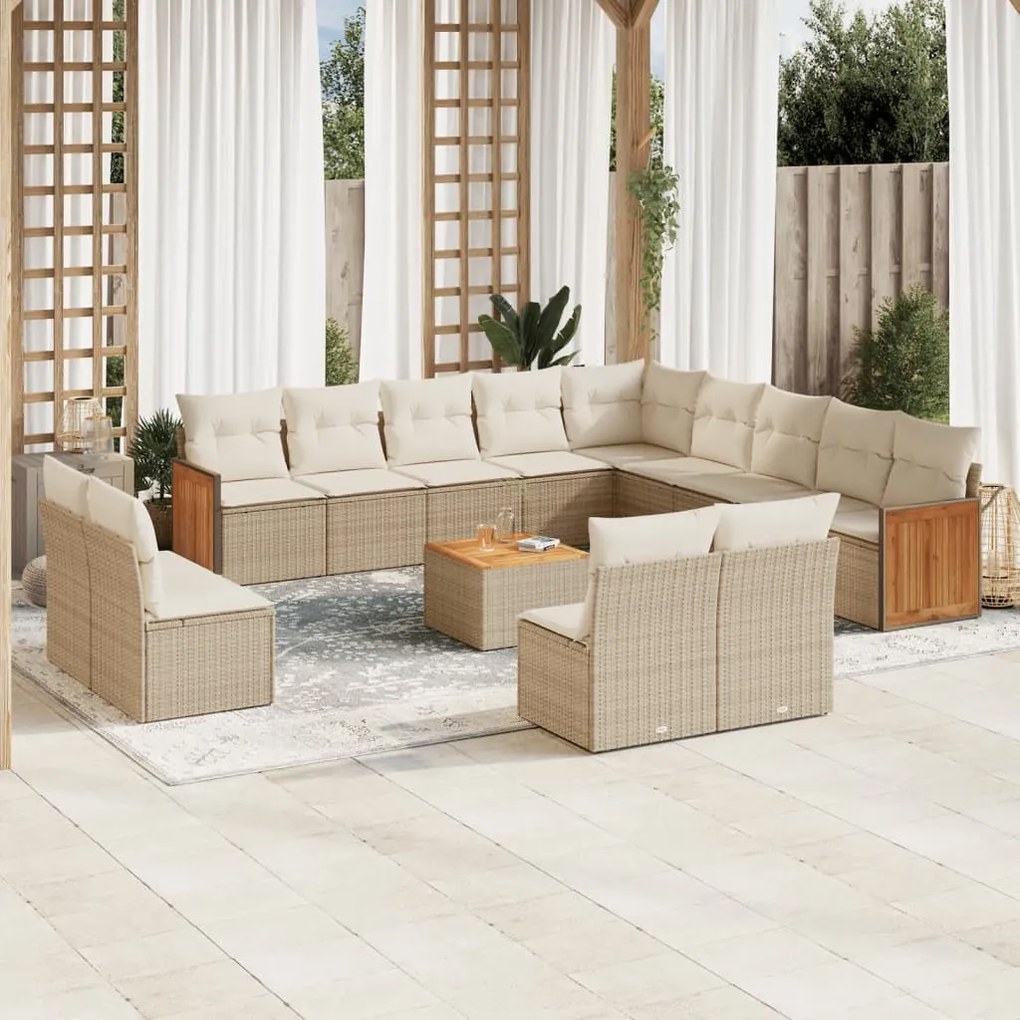 Set divani da giardino 14pz con cuscini in polyrattan beige