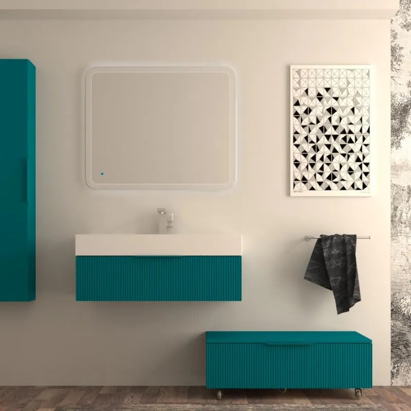 Mobile da bagno sospeso sotto lavabo Modula di BADEN HAUS L 90 x H 25 x P 44 cm blu petrolio cannettato opaco, 1 cassetto