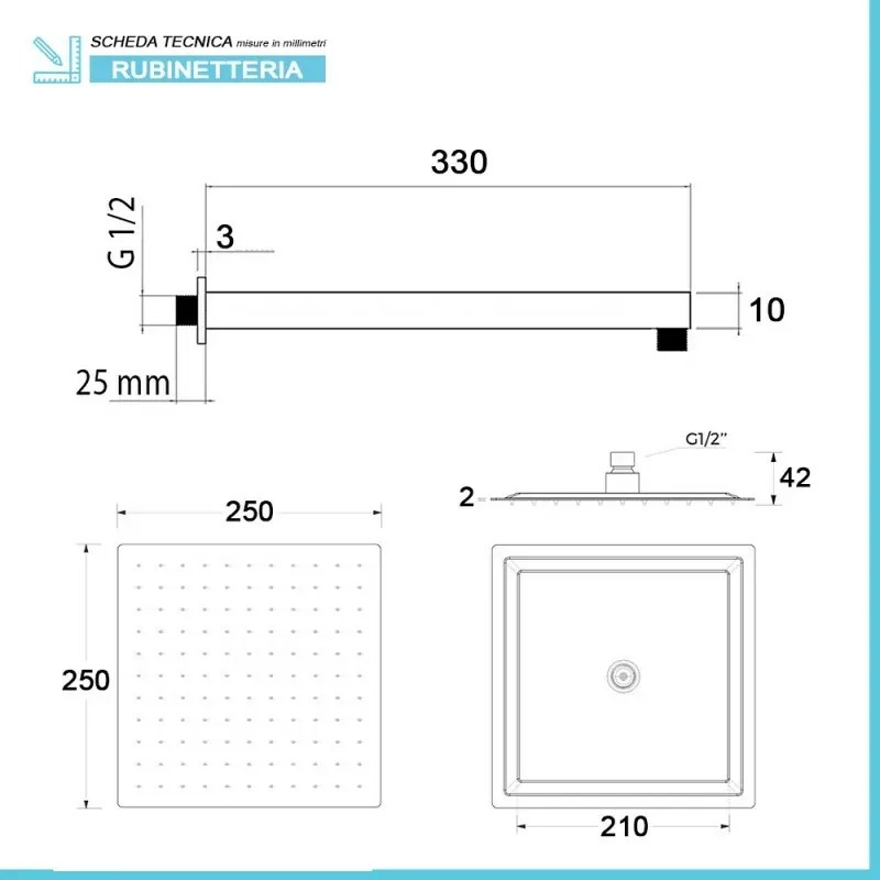Set doccia nero opaco completo di soffione quadrato 25x25 cm, kit doccetta e miscelatore