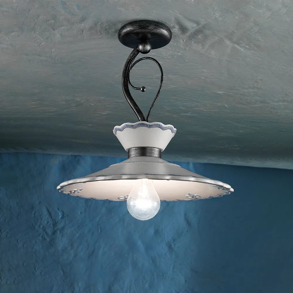 Plafoniera Classica Ravenna Metallo Nero Ceramica Bianco Sfumato Arg. 31Cm 1 Luce E27