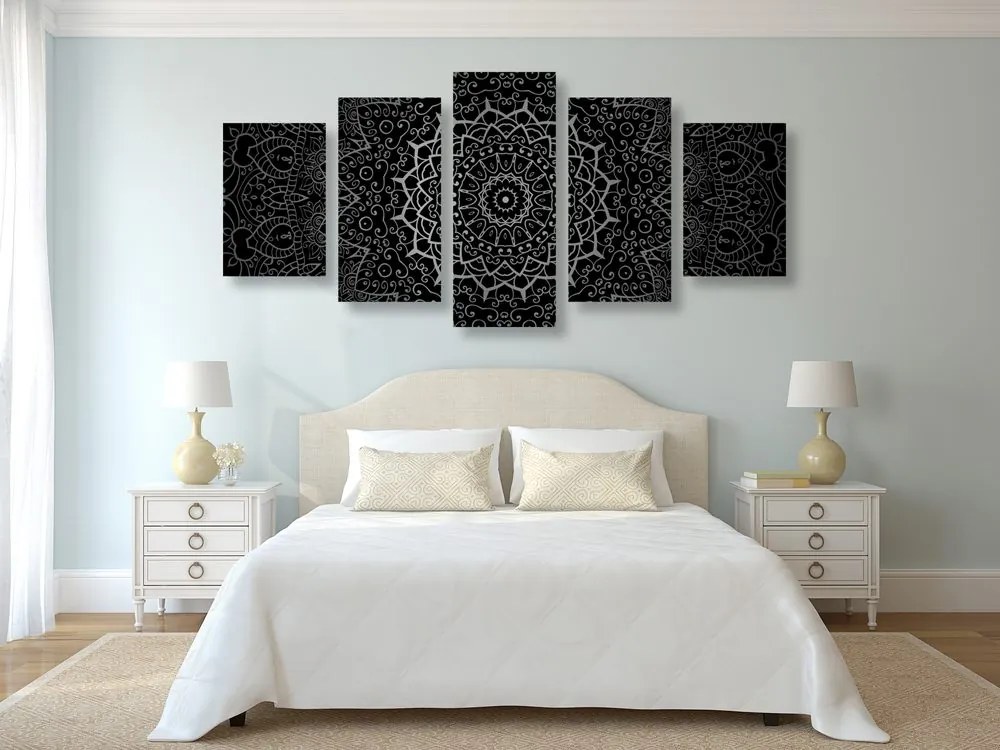 Quadri 5 pezzi – Mandala vintage in stile indiano in bianco e nero