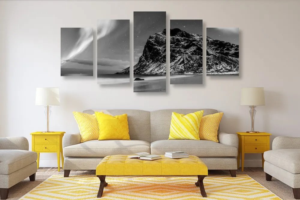 Quadri 5 pezzi – Aurora boreale in Norvegia in bianco e nero