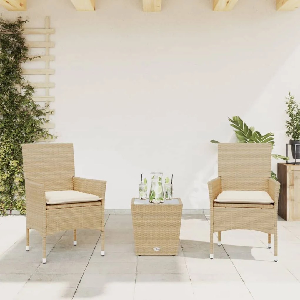 Set Da Bistrò 3 Pz Con Cuscini Beige Polyrattan E Vetro /