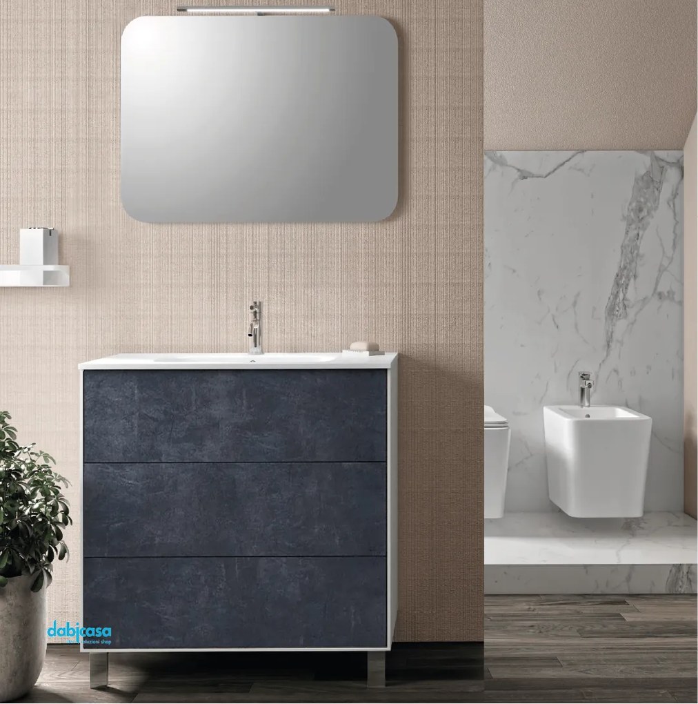 Mobile Bagno A Terra "Step" Da 90 Cm Composto Da Tre Cassetti Lavabo E Specchio Con Lampada Led