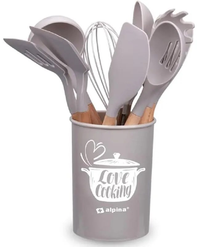 Set Utensili da Cucina Tortora e Supporto 12 Pezzi Utensili Silicone Manico Legno