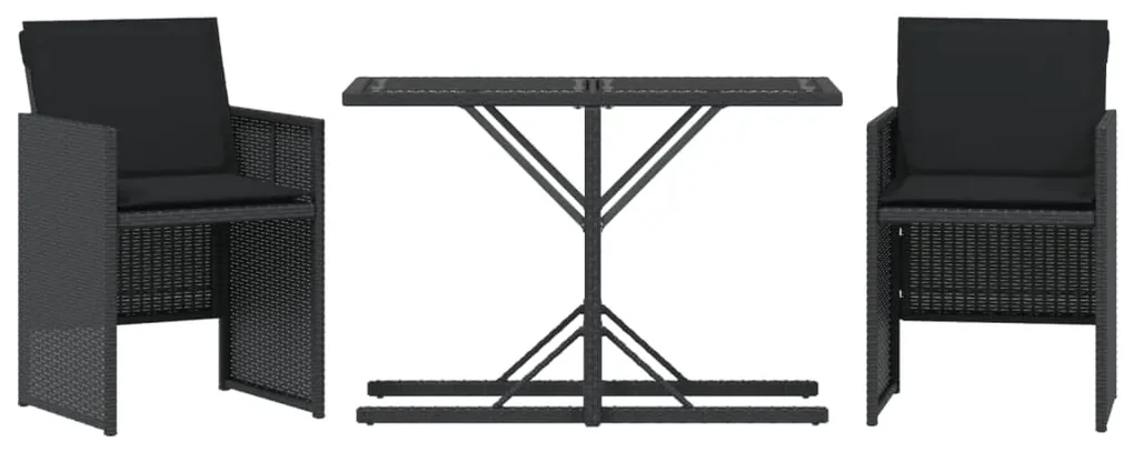 Set da bistrò 3 pz con cuscini nero in polyrattan