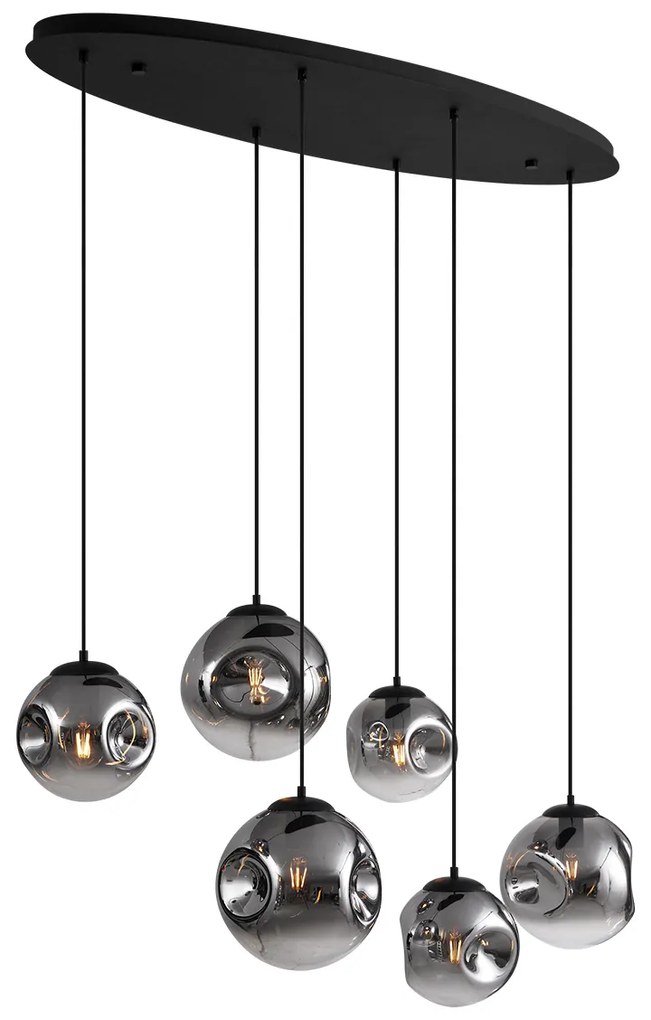 Lampada a Sospensione Art Déco Nera con Placca da Soffitto Ovale e Vetro Fumè a 6 Luci - Douglass