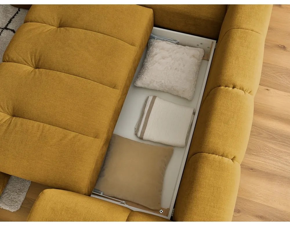 Divano angolare color senape allungabile e con contenitore (penisola a sinistra/a L) con rivestimento in ciniglia Fuji – Bobochic Paris