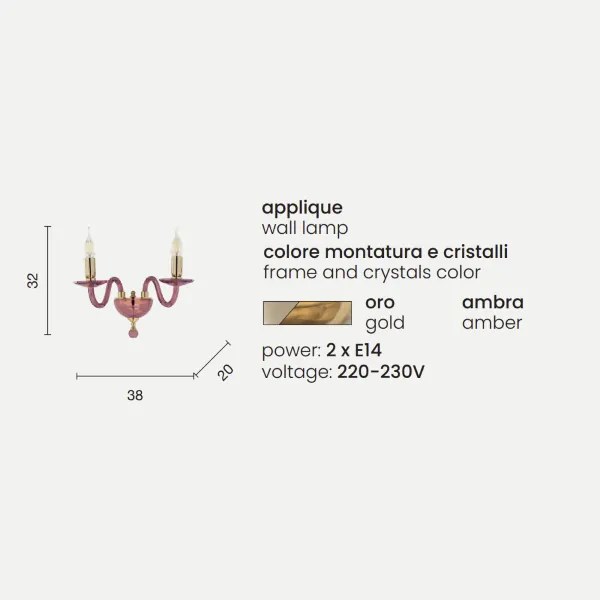 Applique PAGANINI a 2 Luci in vetro lavorato a mano 38 cm Ambra