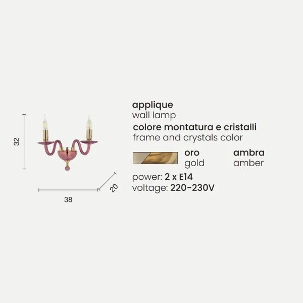 Applique PAGANINI a 2 LUCI in vetro lavorato a mano AMBRA