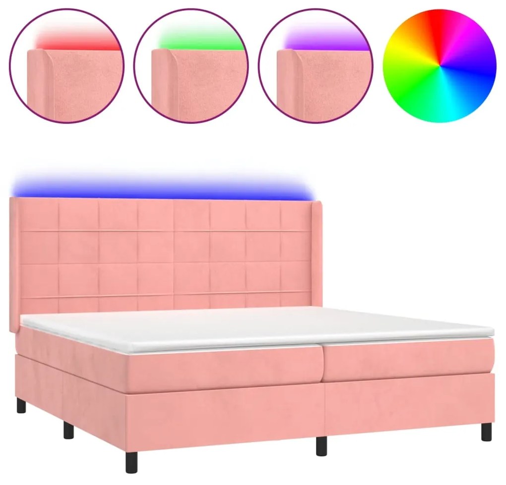 Letto a Molle con Materasso e LED Rosa 200x200 cm in Velluto