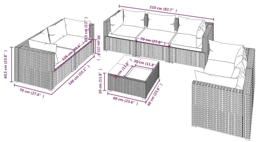 Set Divani da Giardino 8 pz con Cuscini in Polyrattan Marrone