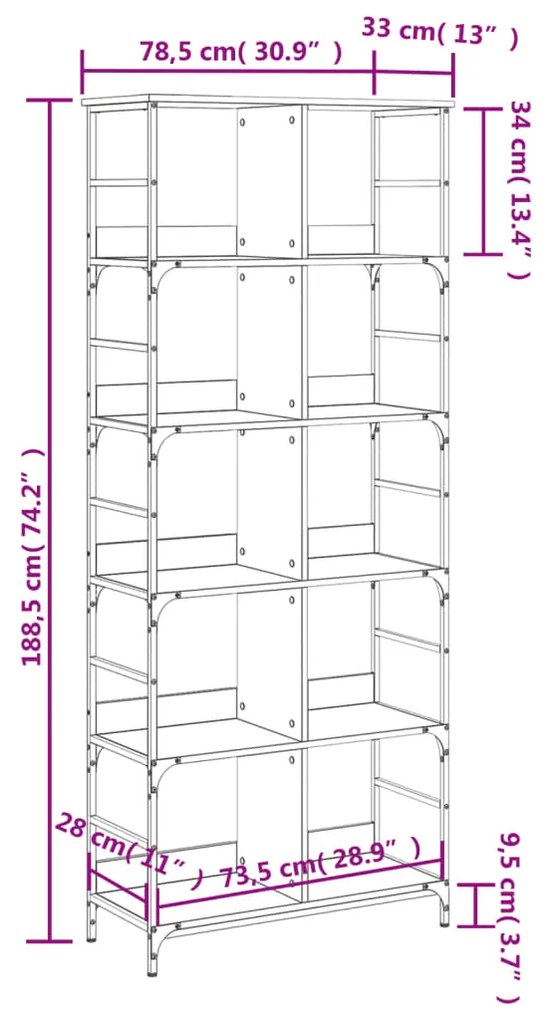 Libreria Grigio Sonoma 78,5x33x188,5 cm in Legno Multistrato