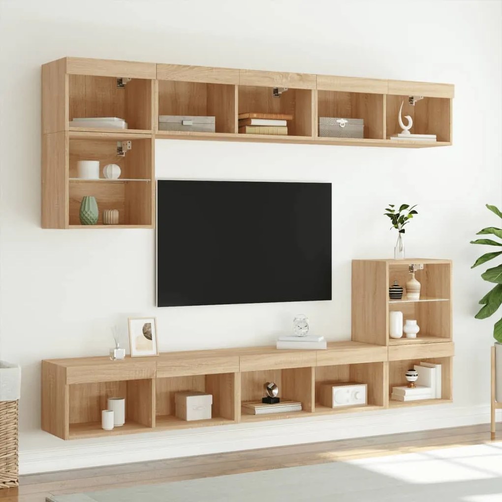 Mobili tv a muro con led 8pz rovere sonoma legno multistrato